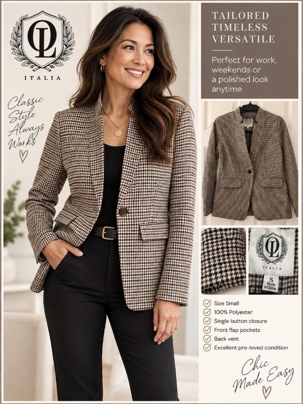 Classic Houndstooth Blazer Jacket Size Small